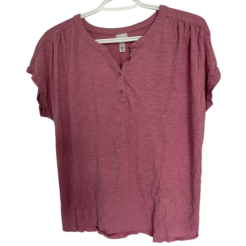 Black Bow Dusty Rose Slub Knit Henley Top Minimalist Casual Chic Size M